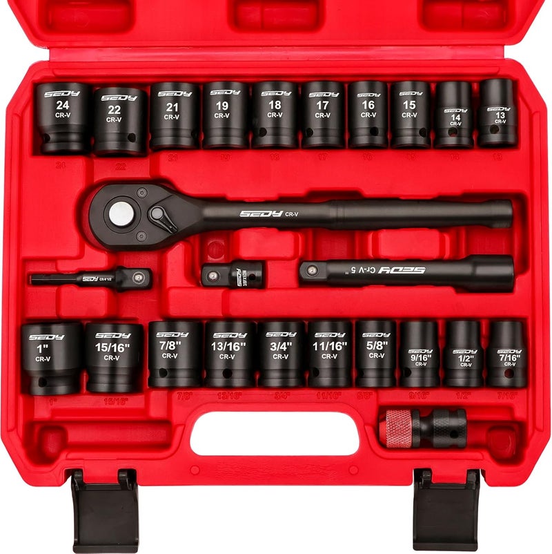 SEDY 1/2" Drive Socket Wrench Set: 25-Piece SAE & Metric Impact Socket Ratchet Wrench Tool Set Socket Assortment with Storage Box for Repair Mechanic Garage - Image 1